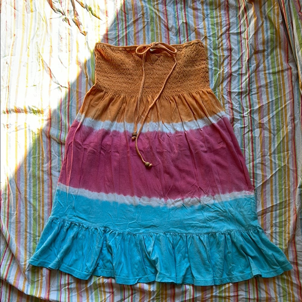 Vintage Tie Dye Dress/cover up, smocked strapless top, can be worn as a halter